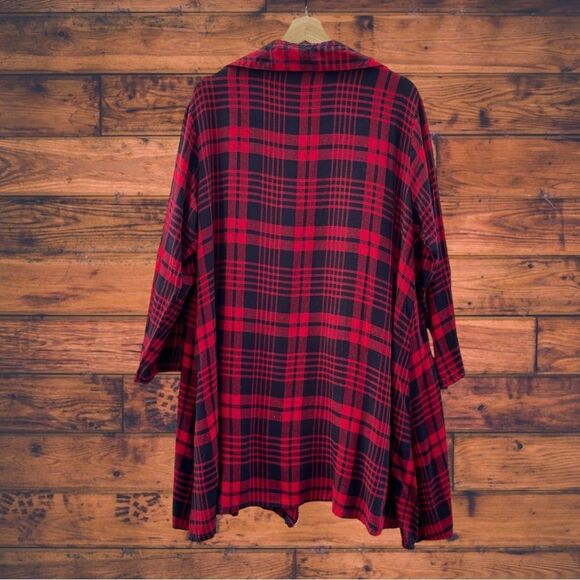 Southern Stitch Red Plaid Gold Velvet Trimmed Open Front Cardigan Duster L-XL - Picture 2 of 6